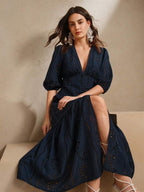 Anewsta Vestido Longo Elegante Bordado em Renda com Fenda e Decote em V, Perfeito para Férias, Ano Novo, Dia dos Namorados, Praia de Verão