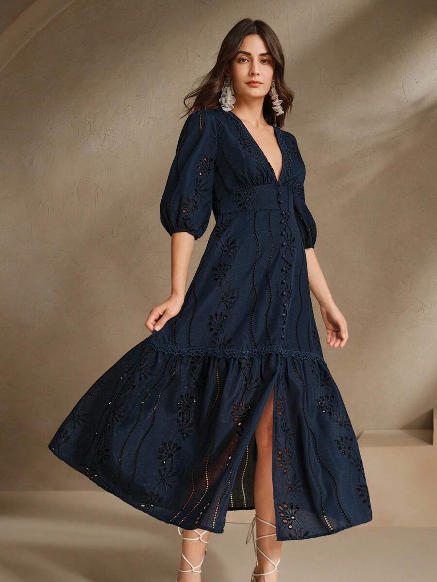 Anewsta Vestido Longo Elegante Bordado em Renda com Fenda e Decote em V, Perfeito para Férias, Ano Novo, Dia dos Namorados, Praia de Verão