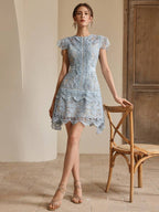 Anewsta Primavera, Férias, Festival Vestido Curto de Manga Curta com Gola Redonda, Floral, Recorte, Bordado, Renda Vazada, Elegante Verão Novidade para Mulheres