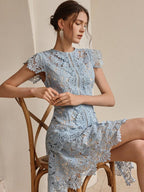 Anewsta Primavera, Férias, Festival Vestido Curto de Manga Curta com Gola Redonda, Floral, Recorte, Bordado, Renda Vazada, Elegante Verão Novidade para Mulheres