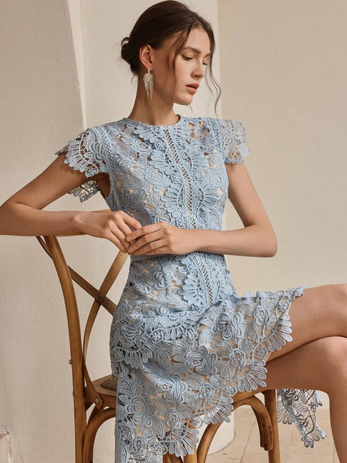 Anewsta Primavera, Férias, Festival Vestido Curto de Manga Curta com Gola Redonda, Floral, Recorte, Bordado, Renda Vazada, Elegante Verão Novidade para Mulheres