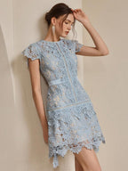 Anewsta Primavera, Férias, Festival Vestido Curto de Manga Curta com Gola Redonda, Floral, Recorte, Bordado, Renda Vazada, Elegante Verão Novidade para Mulheres