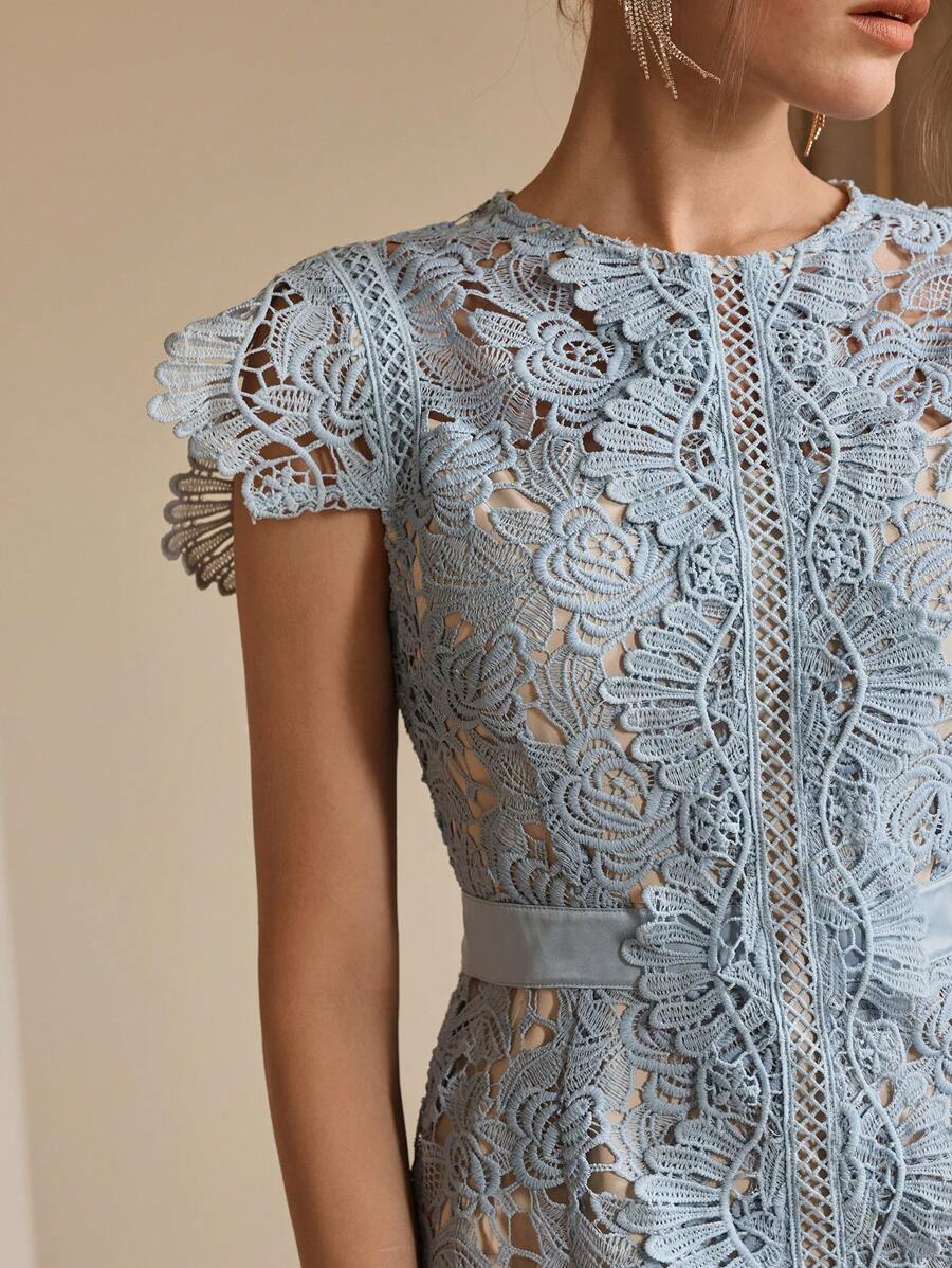 Anewsta Primavera, Férias, Festival Vestido Curto de Manga Curta com Gola Redonda, Floral, Recorte, Bordado, Renda Vazada, Elegante Verão Novidade para Mulheres