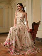 ZEYLAH Vestido Assimétrico de Renda Bordada com Flor 3D para Festa Elegante Feminino