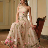 ZEYLAH Vestido Assimétrico de Renda Bordada com Flor 3D para Festa Elegante Feminino