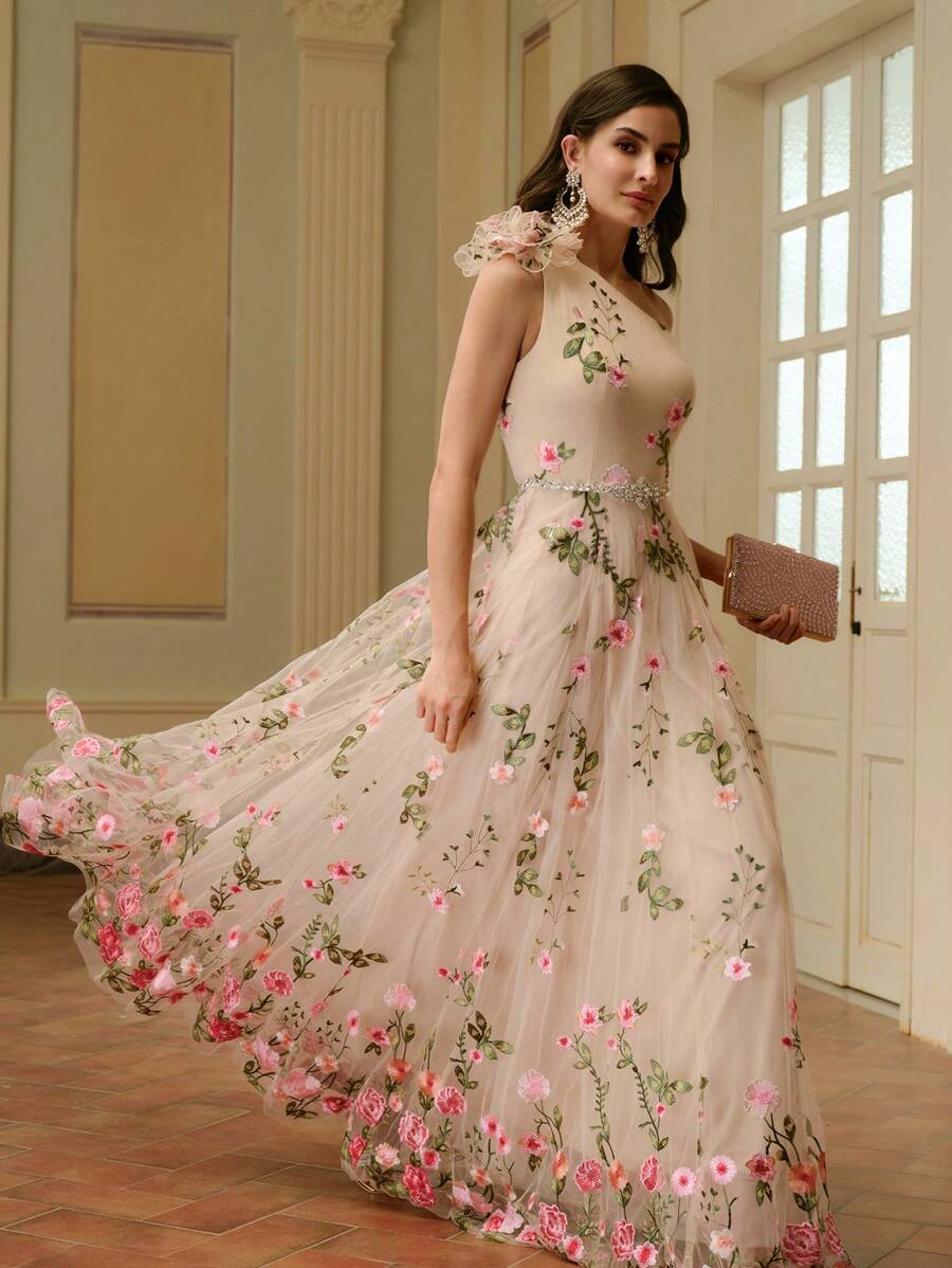 ZEYLAH Vestido Assimétrico de Renda Bordada com Flor 3D para Festa Elegante Feminino
