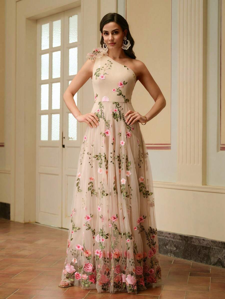 ZEYLAH Vestido Assimétrico de Renda Bordada com Flor 3D para Festa Elegante Feminino