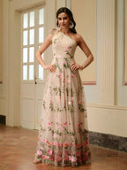 ZEYLAH Vestido Assimétrico de Renda Bordada com Flor 3D para Festa Elegante Feminino