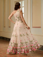 ZEYLAH Vestido Assimétrico de Renda Bordada com Flor 3D para Festa Elegante Feminino