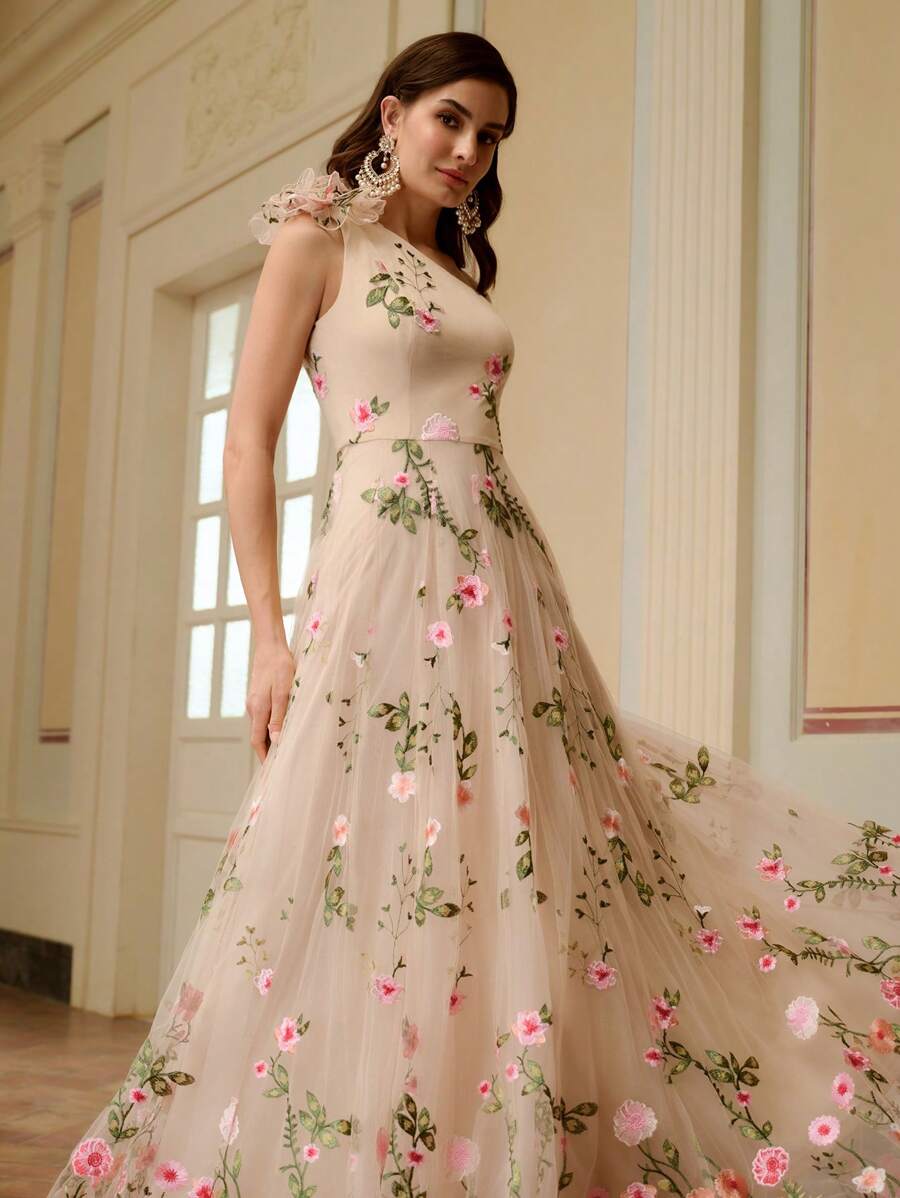 ZEYLAH Vestido Assimétrico de Renda Bordada com Flor 3D para Festa Elegante Feminino