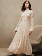 Anewsta Vestido Elegante de Manga Longa de Renda Bordô Máxi para Mulheres, Conjunto de Roupas Brancas de Primavera para Mulheres