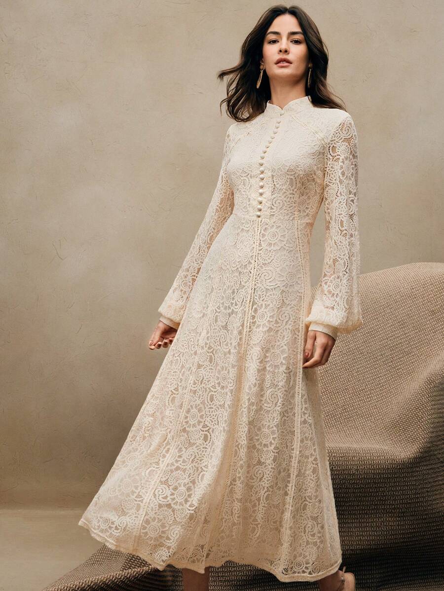Anewsta Vestido Elegante de Manga Longa de Renda Bordô Máxi para Mulheres, Conjunto de Roupas Brancas de Primavera para Mulheres