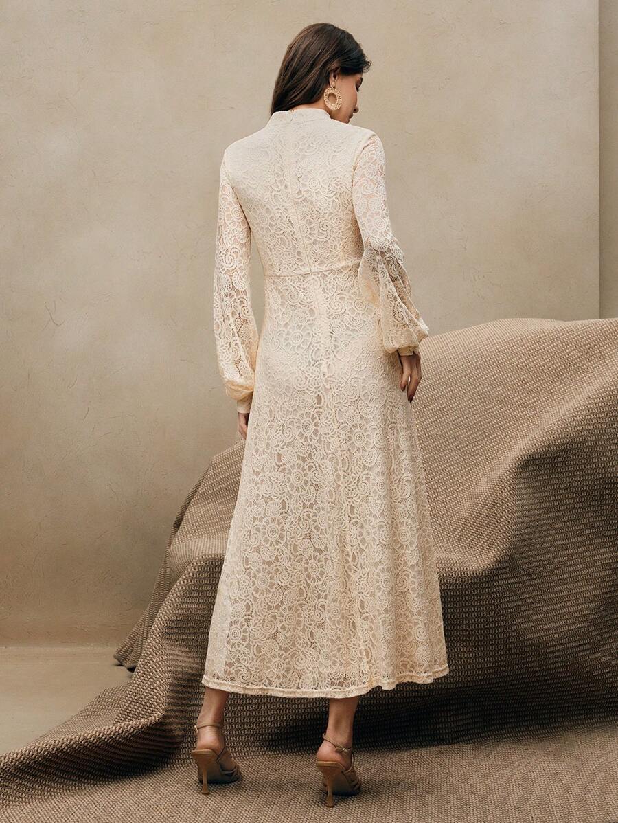Anewsta Vestido Elegante de Manga Longa de Renda Bordô Máxi para Mulheres, Conjunto de Roupas Brancas de Primavera para Mulheres