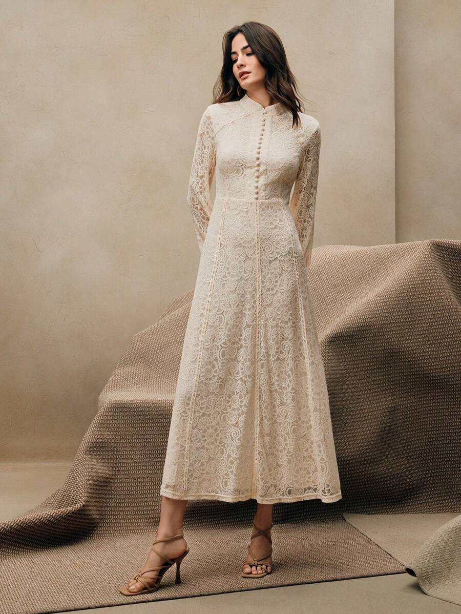 Anewsta Vestido Elegante de Manga Longa de Renda Bordô Máxi para Mulheres, Conjunto de Roupas Brancas de Primavera para Mulheres