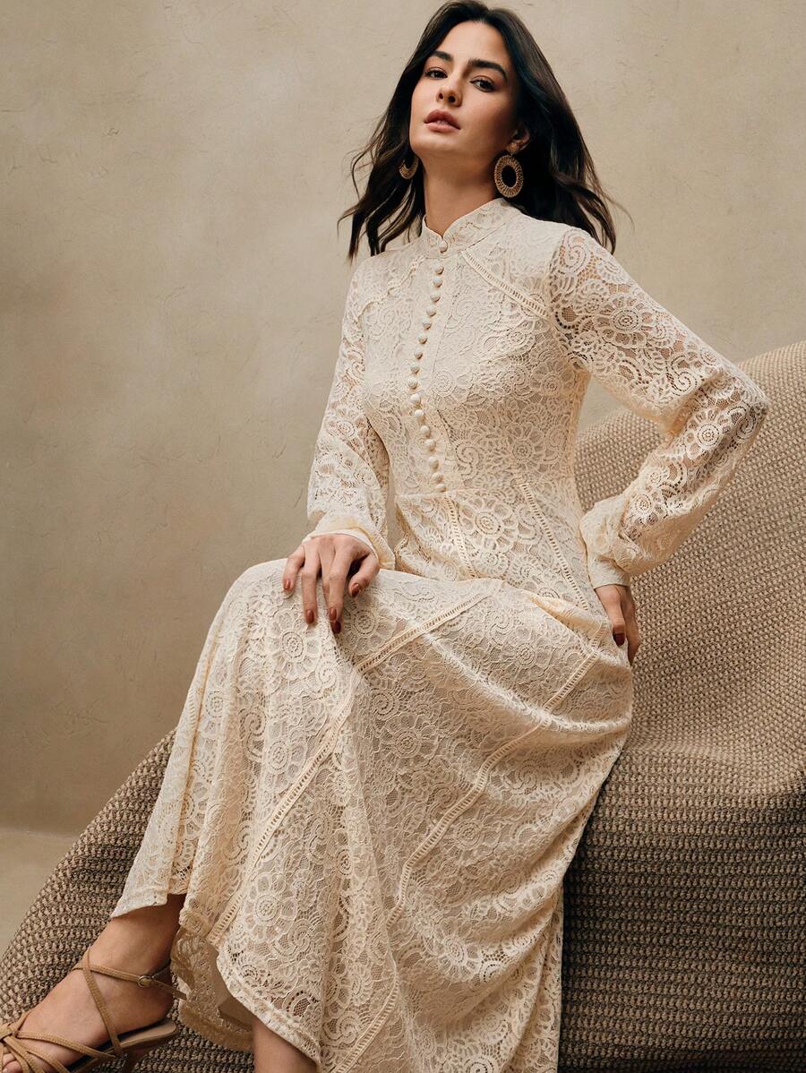 Anewsta Vestido Elegante de Manga Longa de Renda Bordô Máxi para Mulheres, Conjunto de Roupas Brancas de Primavera para Mulheres