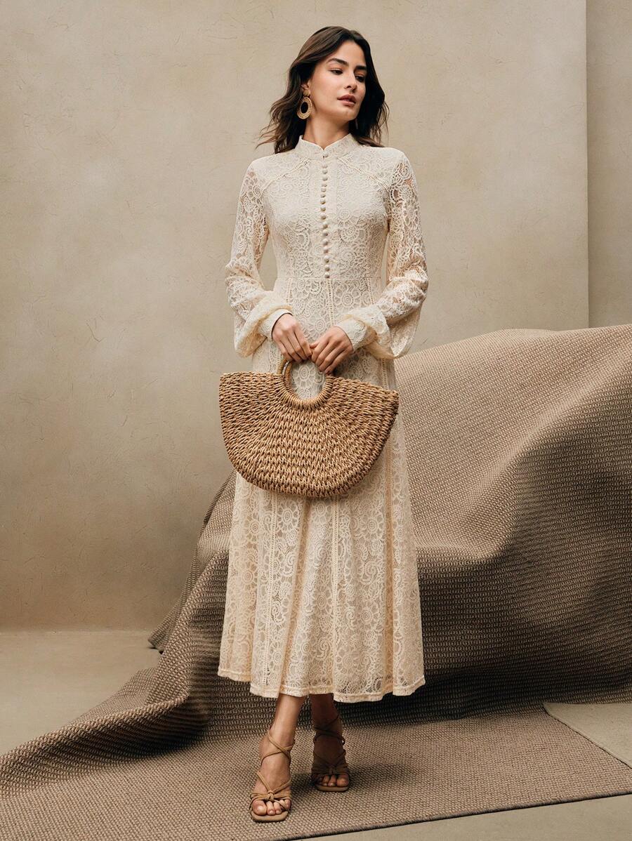 Anewsta Vestido Elegante de Manga Longa de Renda Bordô Máxi para Mulheres, Conjunto de Roupas Brancas de Primavera para Mulheres