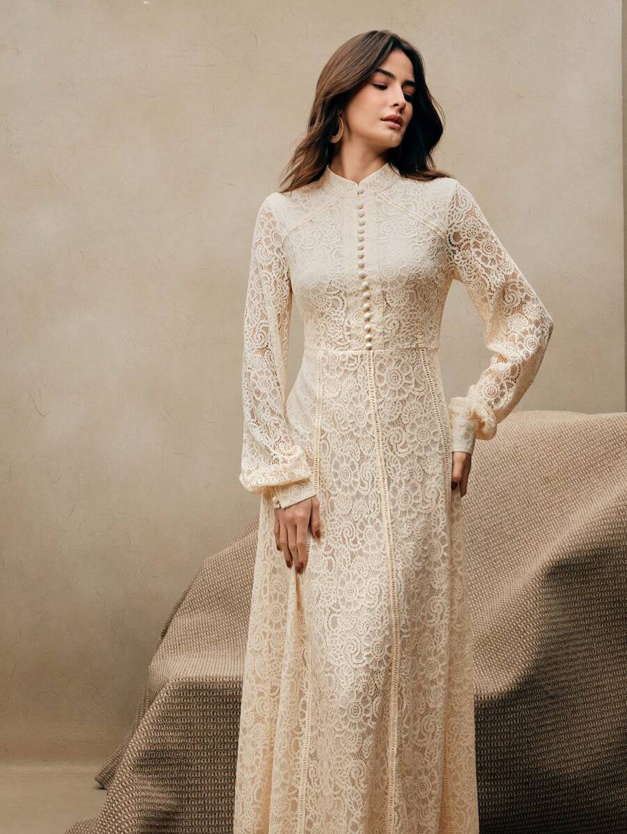 Anewsta Vestido Elegante de Manga Longa de Renda Bordô Máxi para Mulheres, Conjunto de Roupas Brancas de Primavera para Mulheres