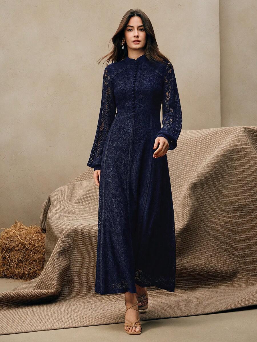 Anewsta Vestido Elegante de Manga Longa de Renda Bordô Máxi para Mulheres, Conjunto de Roupas Brancas de Primavera para Mulheres