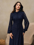 Anewsta Vestido Elegante de Manga Longa de Renda Bordô Máxi para Mulheres, Conjunto de Roupas Brancas de Primavera para Mulheres