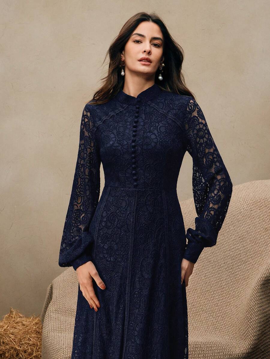 Anewsta Vestido Elegante de Manga Longa de Renda Bordô Máxi para Mulheres, Conjunto de Roupas Brancas de Primavera para Mulheres
