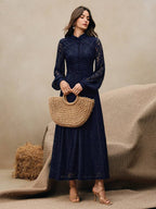 Anewsta Vestido Elegante de Manga Longa de Renda Bordô Máxi para Mulheres, Conjunto de Roupas Brancas de Primavera para Mulheres