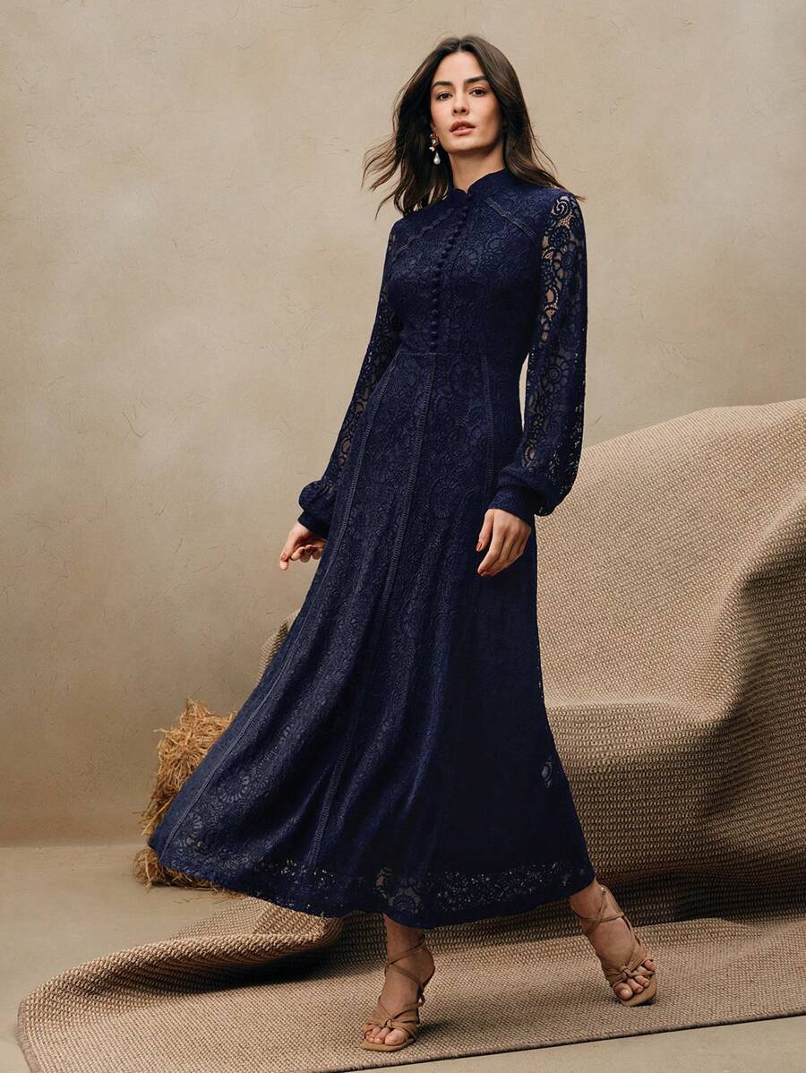 Anewsta Vestido Elegante de Manga Longa de Renda Bordô Máxi para Mulheres, Conjunto de Roupas Brancas de Primavera para Mulheres