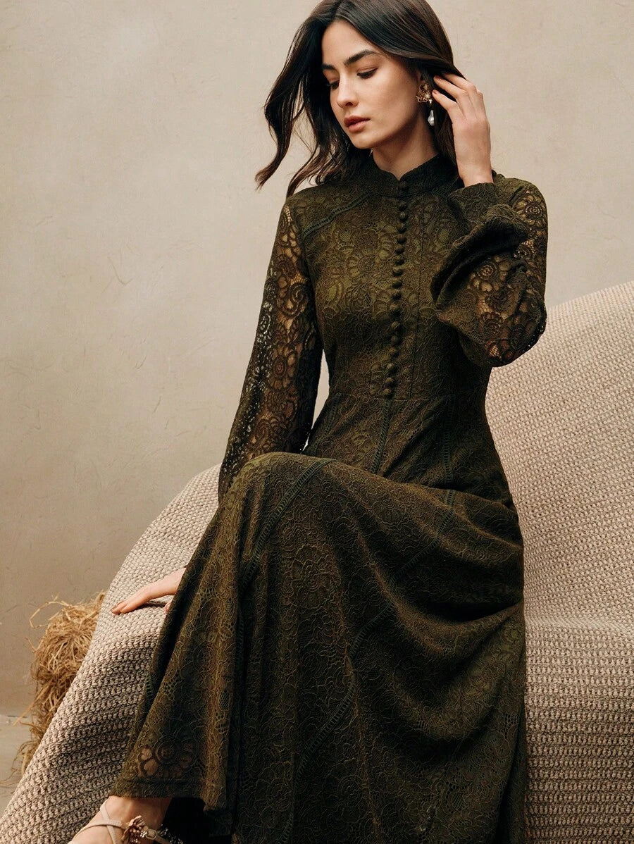 Anewsta Vestido Elegante de Manga Longa de Renda Bordô Máxi para Mulheres, Conjunto de Roupas Brancas de Primavera para Mulheres