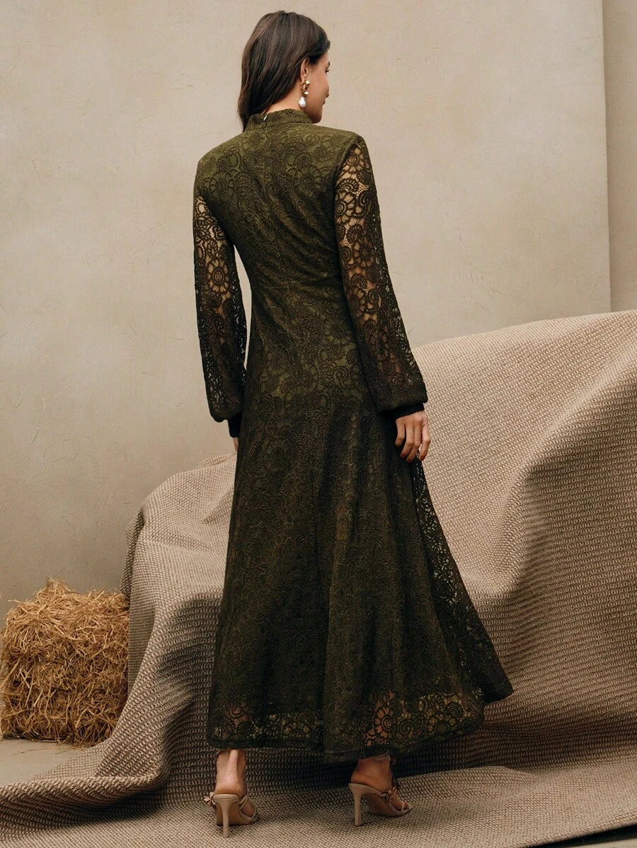 Anewsta Vestido Elegante de Manga Longa de Renda Bordô Máxi para Mulheres, Conjunto de Roupas Brancas de Primavera para Mulheres