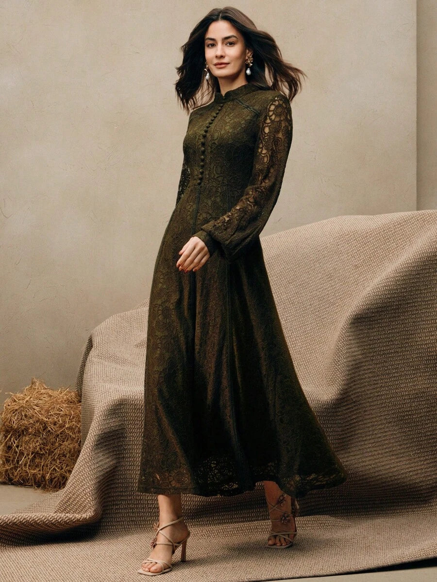 Anewsta Vestido Elegante de Manga Longa de Renda Bordô Máxi para Mulheres, Conjunto de Roupas Brancas de Primavera para Mulheres