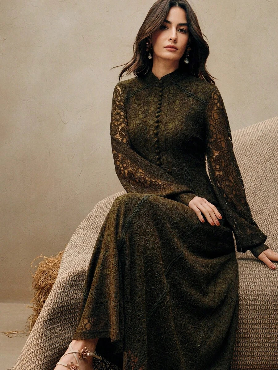 Anewsta Vestido Elegante de Manga Longa de Renda Bordô Máxi para Mulheres, Conjunto de Roupas Brancas de Primavera para Mulheres
