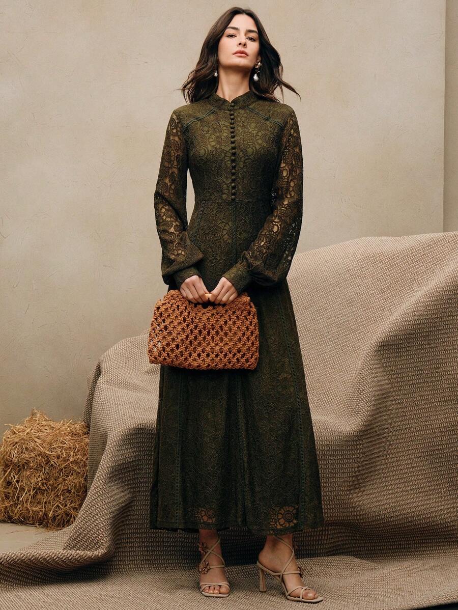 Anewsta Vestido Elegante de Manga Longa de Renda Bordô Máxi para Mulheres, Conjunto de Roupas Brancas de Primavera para Mulheres