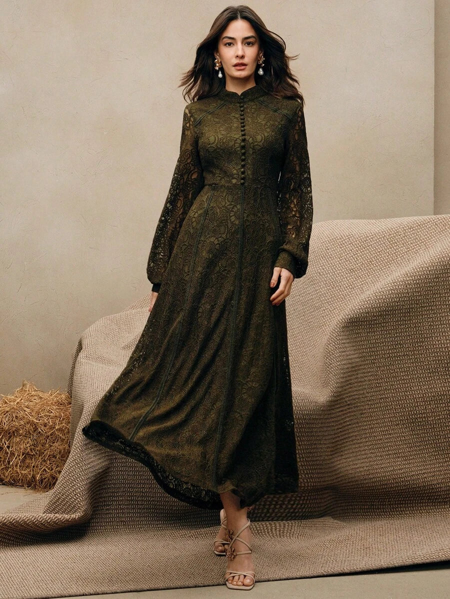 Anewsta Vestido Elegante de Manga Longa de Renda Bordô Máxi para Mulheres, Conjunto de Roupas Brancas de Primavera para Mulheres