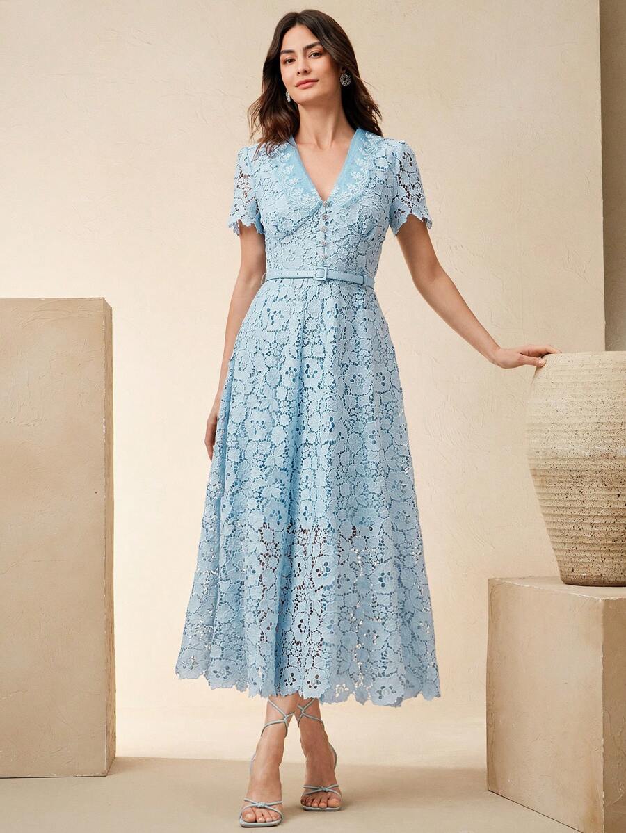 Anewsta Vestido Midi Elegante Ajustado com Cintura Marcada e Decote em V Feminino com Renda Solúvel em Água