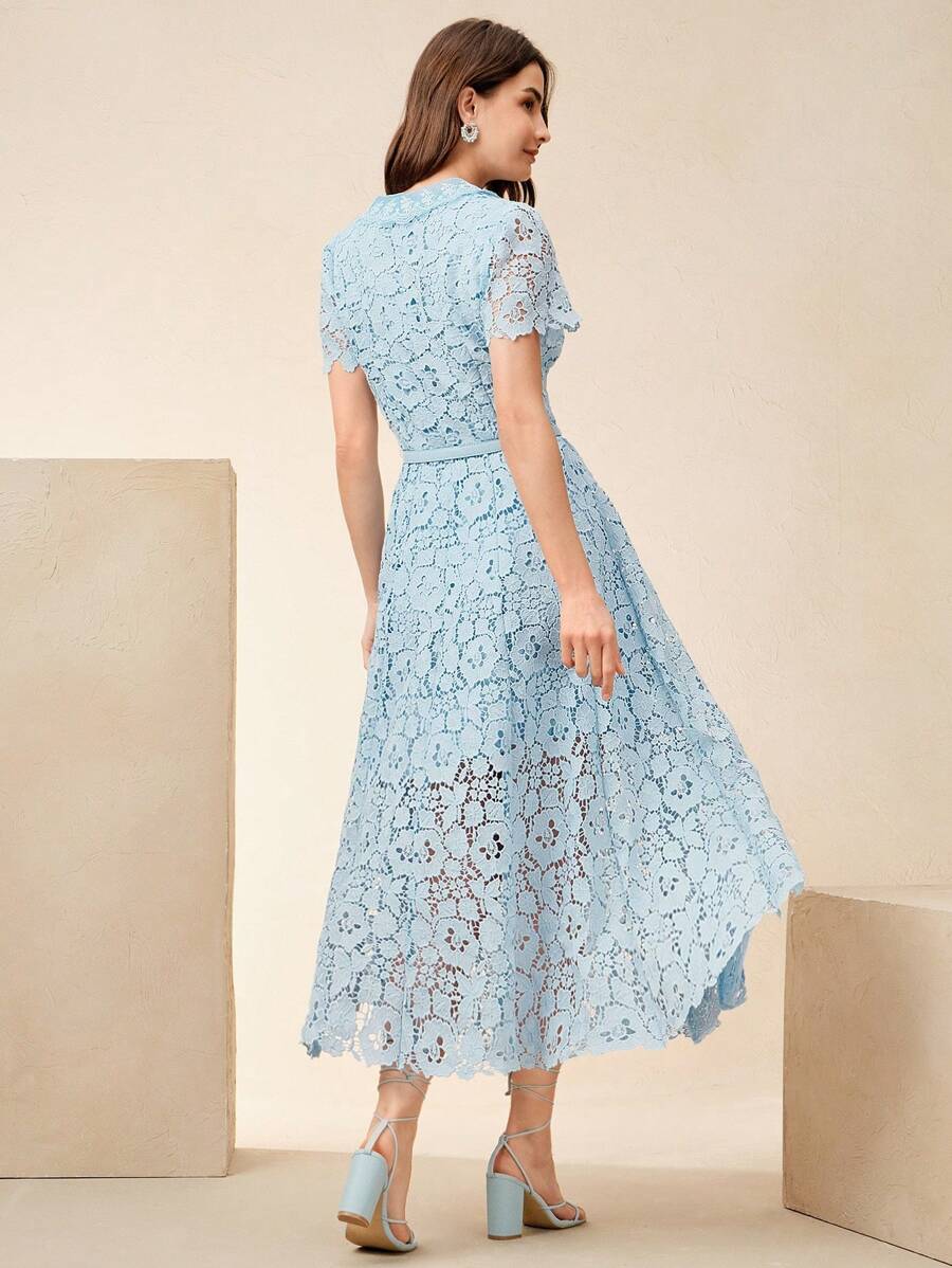 Anewsta Vestido Midi Elegante Ajustado com Cintura Marcada e Decote em V Feminino com Renda Solúvel em Água