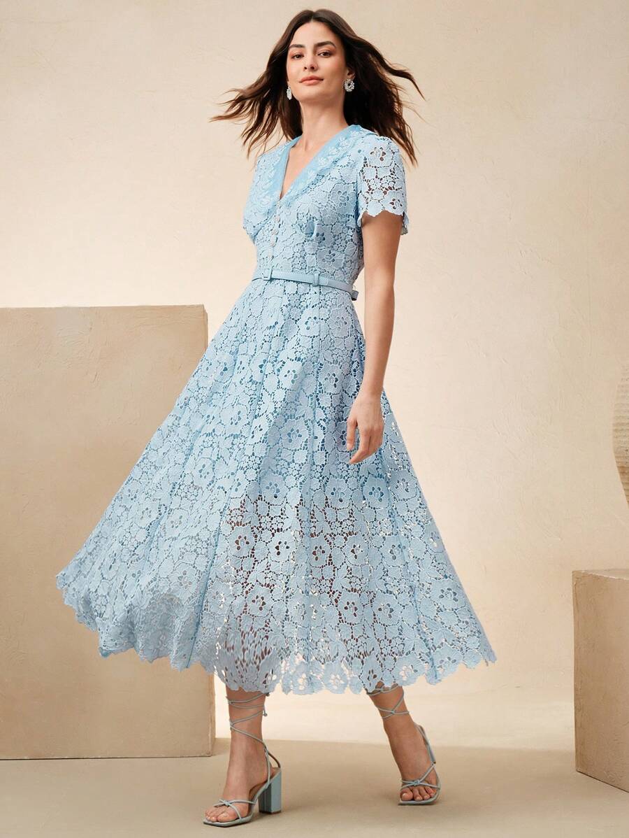 Anewsta Vestido Midi Elegante Ajustado com Cintura Marcada e Decote em V Feminino com Renda Solúvel em Água
