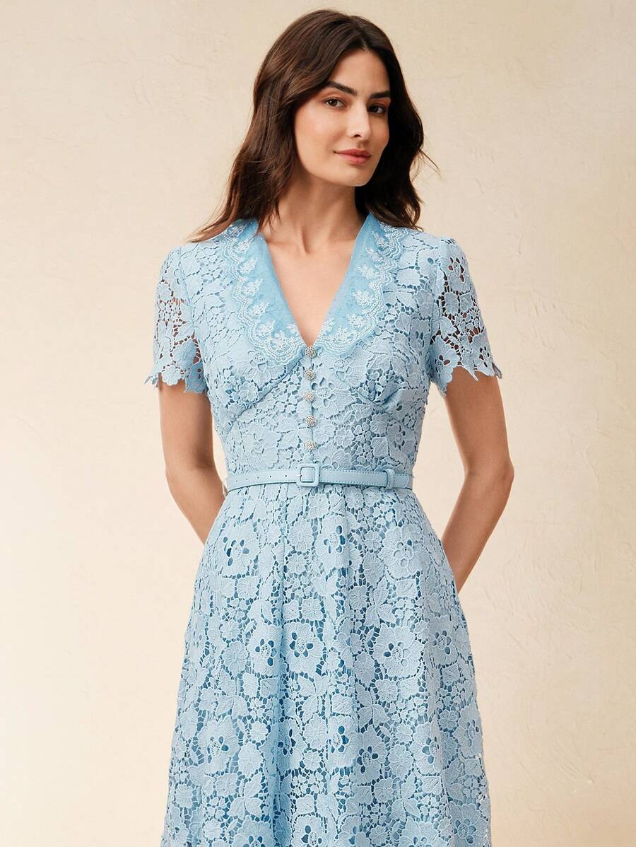Anewsta Vestido Midi Elegante Ajustado com Cintura Marcada e Decote em V Feminino com Renda Solúvel em Água