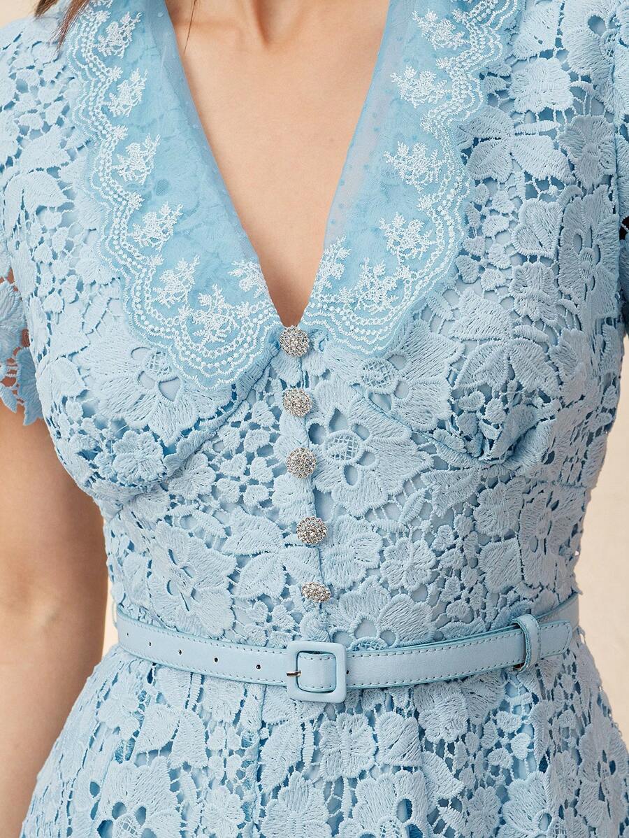 Anewsta Vestido Midi Elegante Ajustado com Cintura Marcada e Decote em V Feminino com Renda Solúvel em Água