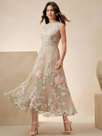 Anewsta Vestido Floral Bordado Sem Mangas Feminino, Elegante e Chique para Férias, Festivais, Páscoa, Vestido de Convidado de Casamento, Primavera/Verão