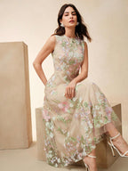 Anewsta Vestido Floral Bordado Sem Mangas Feminino, Elegante e Chique para Férias, Festivais, Páscoa, Vestido de Convidado de Casamento, Primavera/Verão