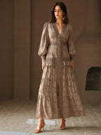 Anewsta Vestido Longo Elegante Feminino com Decote em V, Mangas Bufantes e Cintura Marcada