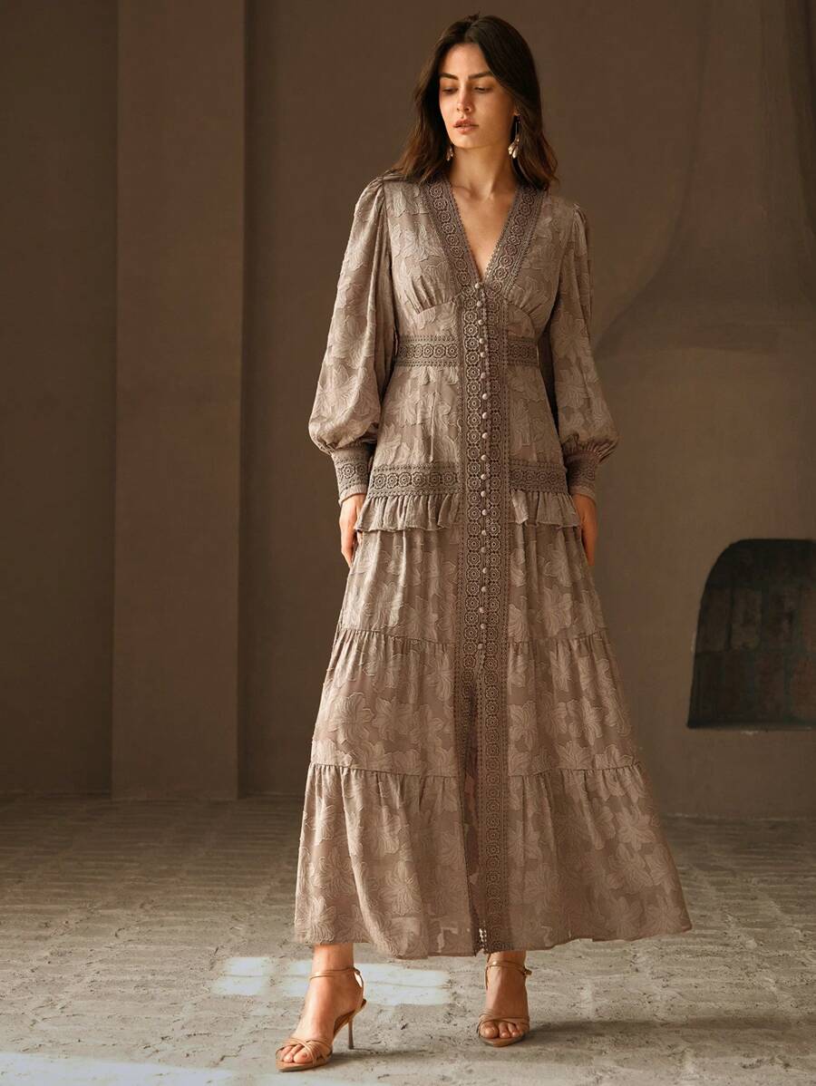 Anewsta Vestido Longo Elegante Feminino com Decote em V, Mangas Bufantes e Cintura Marcada