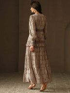 Anewsta Vestido Longo Elegante Feminino com Decote em V, Mangas Bufantes e Cintura Marcada