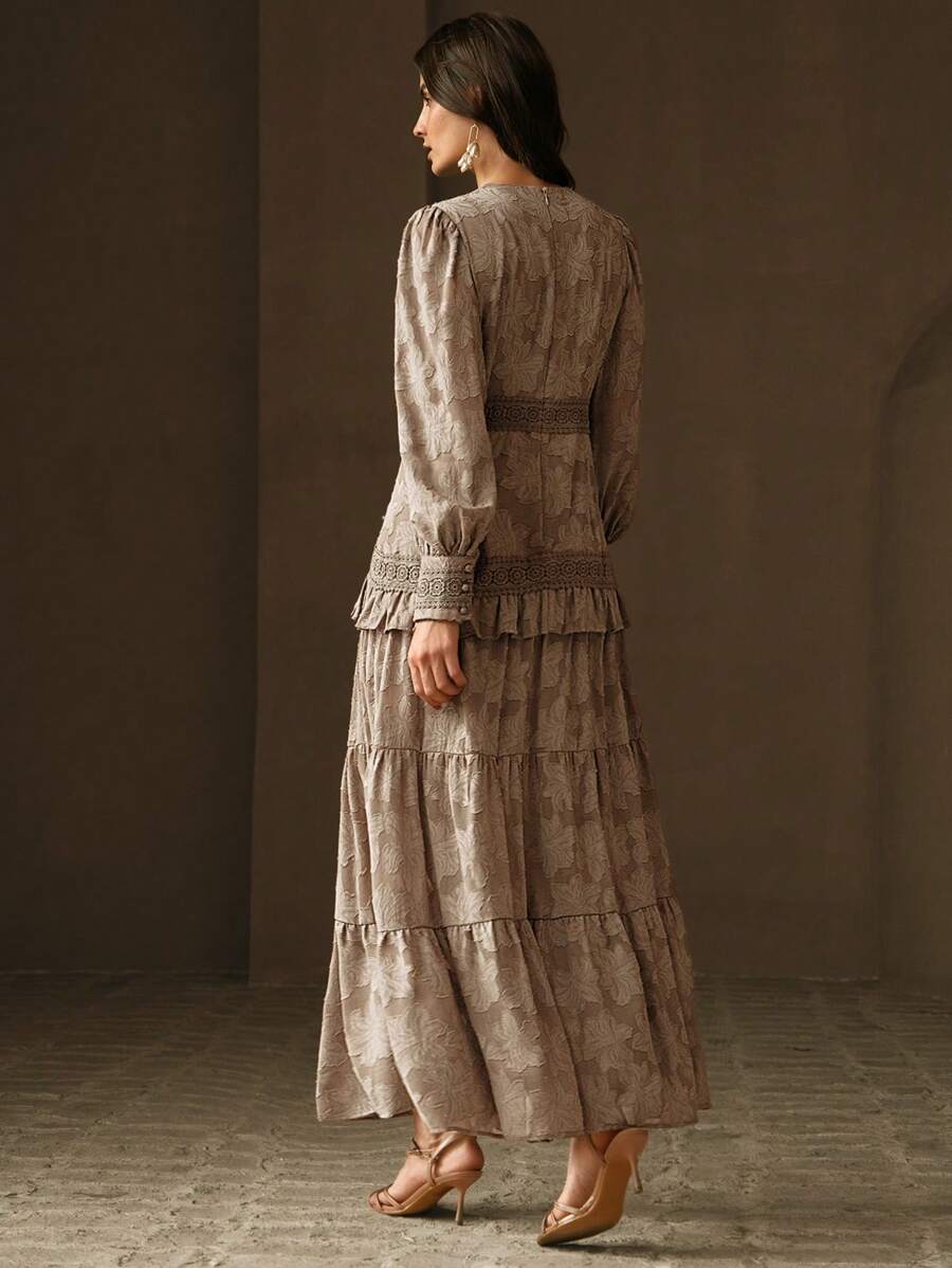 Anewsta Vestido Longo Elegante Feminino com Decote em V, Mangas Bufantes e Cintura Marcada