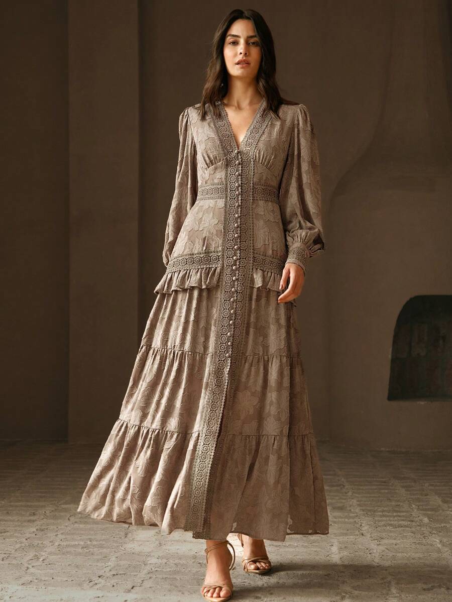 Anewsta Vestido Longo Elegante Feminino com Decote em V, Mangas Bufantes e Cintura Marcada