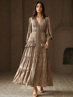 Anewsta Vestido Longo Elegante Feminino com Decote em V, Mangas Bufantes e Cintura Marcada