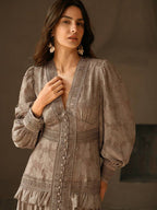 Anewsta Vestido Longo Elegante Feminino com Decote em V, Mangas Bufantes e Cintura Marcada