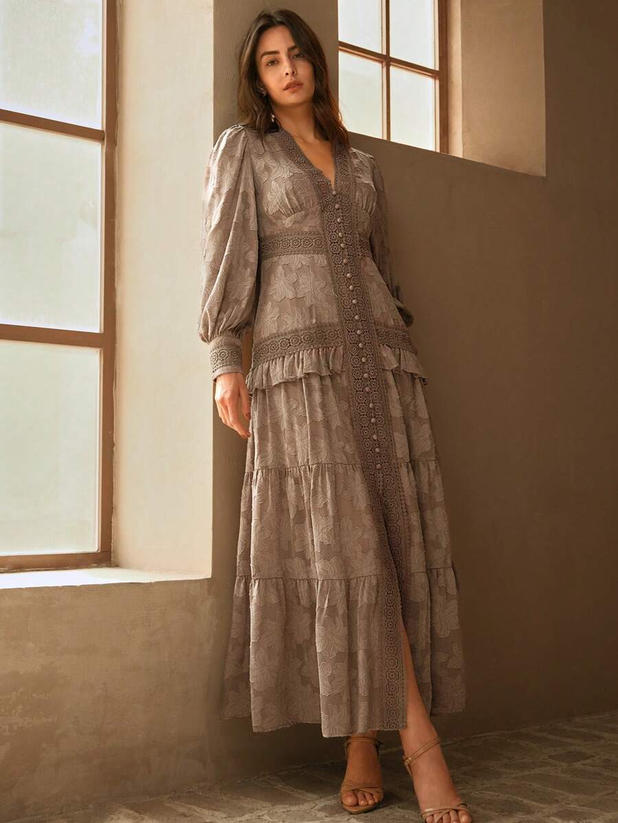 Anewsta Vestido Longo Elegante Feminino com Decote em V, Mangas Bufantes e Cintura Marcada