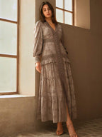 Anewsta Vestido Longo Elegante Feminino com Decote em V, Mangas Bufantes e Cintura Marcada