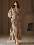 Anewsta Vestido Longo Elegante Feminino com Decote em V, Mangas Bufantes e Cintura Marcada