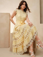 Anewsta Vestido Longo Elegante Feminino de Cor Sólida com Aplicação de Renda, Verão, Praia, Férias, Casual